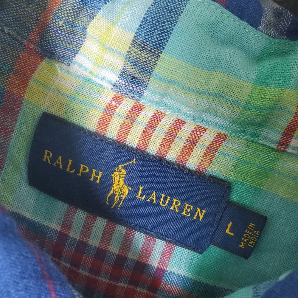 Ralph Lauren Multicolor Plaid Slub Linen Button Down Shirt Blue Green Youth Lg